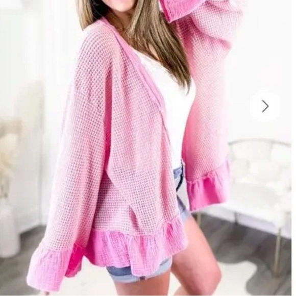 POL Waffle Knit Ruffled Long Sleeve Cardigan Size Small Women - Picture 4 of 8